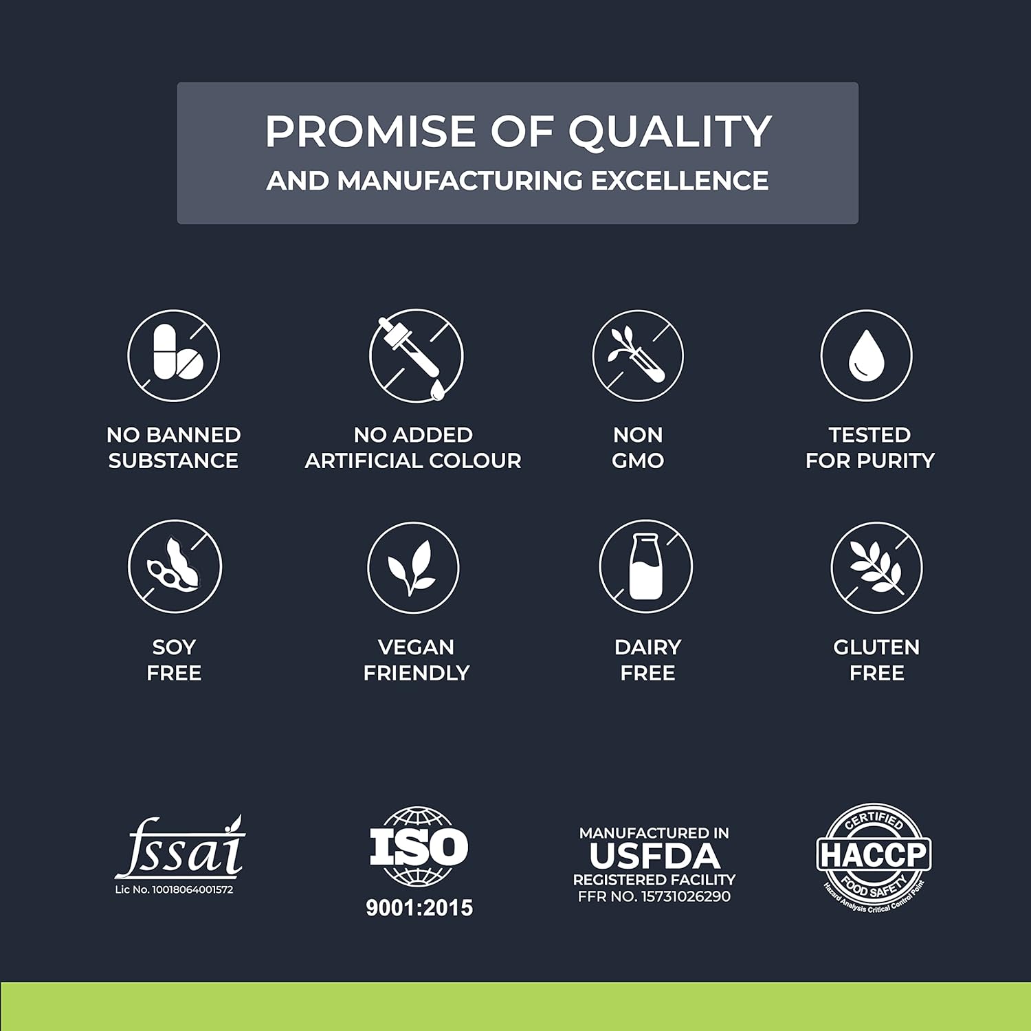 Quality and manufacturing excellence icons with certification logos on a dark background