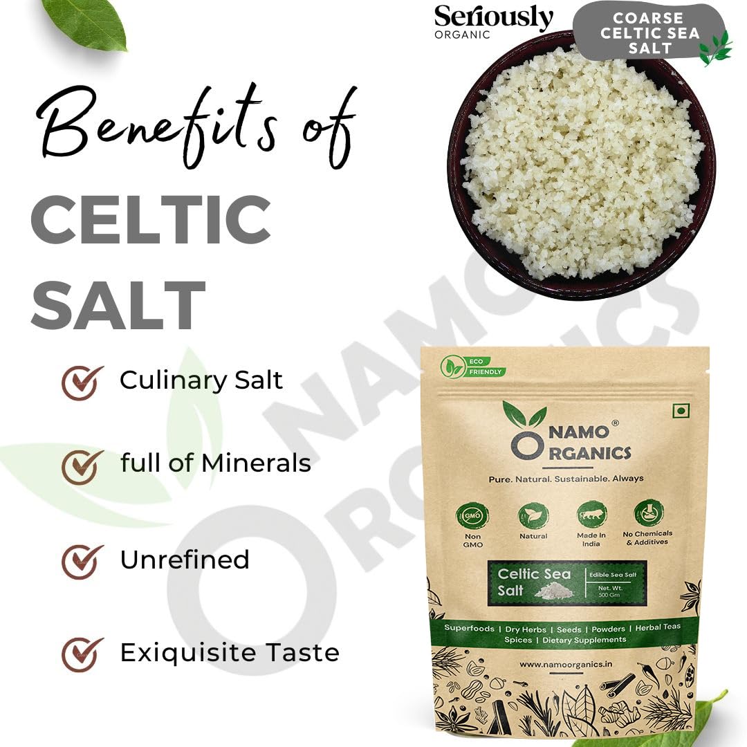 Advertisement for Namo Organics Celtic Sea Salt packaging with text highlighting benefits.