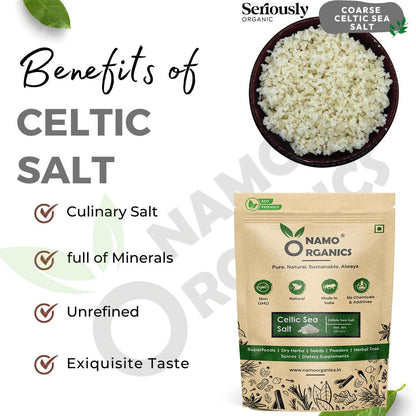 Advertisement for Namo Organics Celtic Sea Salt packaging with text highlighting benefits.