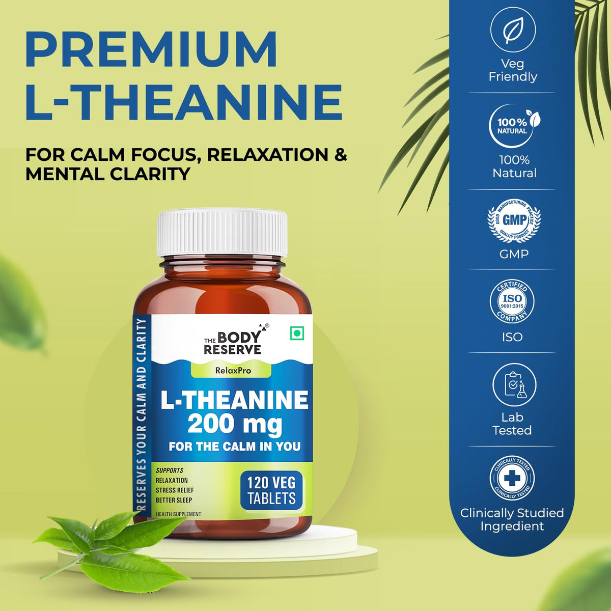 Bottle of L-Theanine supplement with branding and product details on a green background