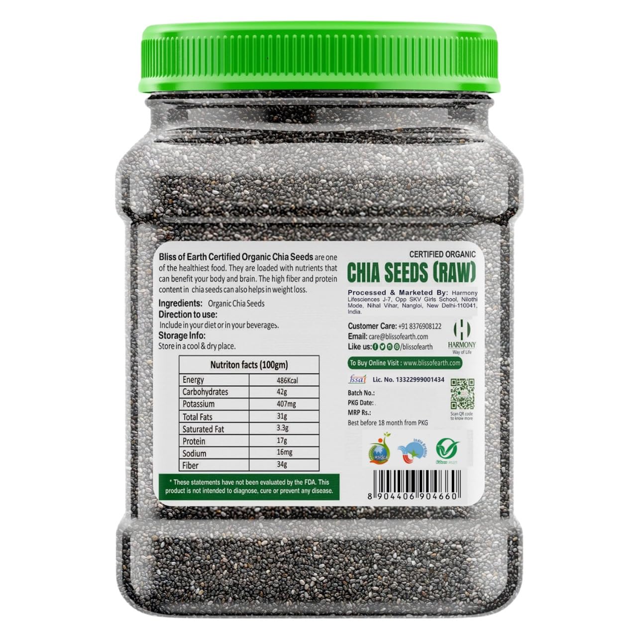 Bliss of Earth Raw Chia Seeds For Weight Loss, Raw Super Food With Omega & Fiber 600gm
