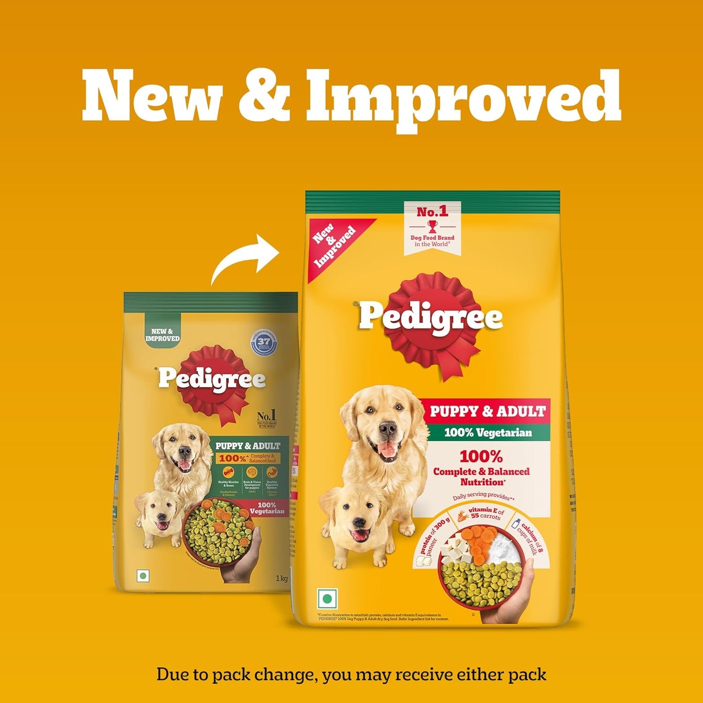 Pedigree Adult & Puppy Dry Dog Food, 100% Vegetarian, 1 kg, Contains 37 Essential Nutrients, 100% Complete & Balanced Food for Adult Dogs