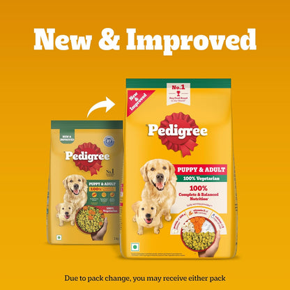 Pedigree Adult & Puppy Dry Dog Food, 100% Vegetarian, 1 kg, Contains 37 Essential Nutrients, 100% Complete & Balanced Food for Adult Dogs