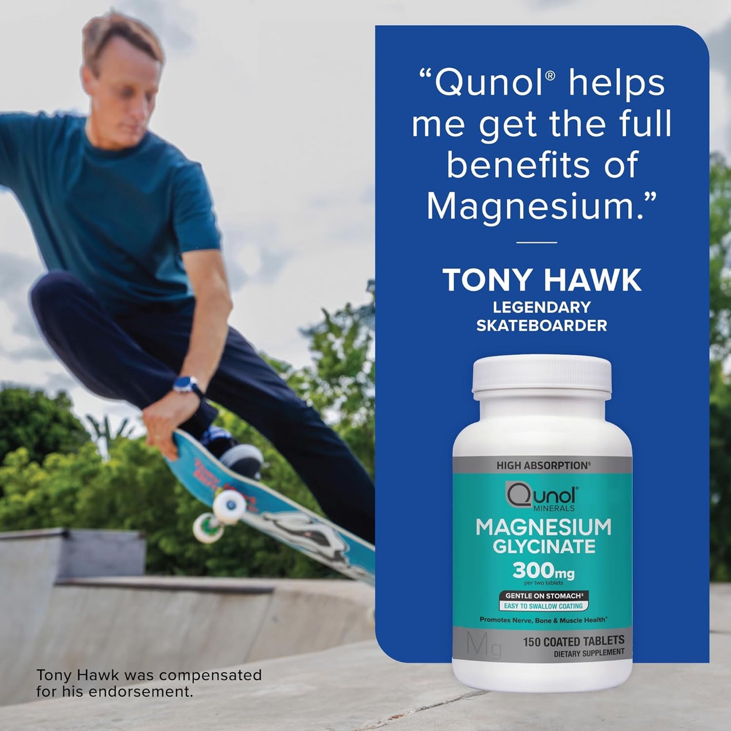 Qunol magnesium supplement with Tony Hawk endorsement at a skate park.