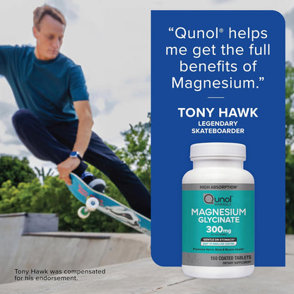 Qunol magnesium supplement with Tony Hawk endorsement at a skate park.
