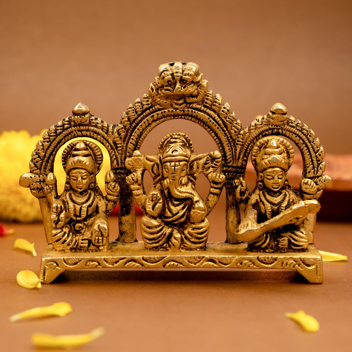 100% Pure Brass Laxmi Ganesh Saraswati Murti (Size: 8.0 cm) | Lord Ganpati Lakshmi Saraswati Maa Idol for Diwali Puja | God Idols for Pooja Room or Griha Pravesh Ceremony