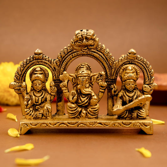 100% Pure Brass Laxmi Ganesh Saraswati Murti (Size: 8.0 cm) | Lord Ganpati Lakshmi Saraswati Maa Idol for Diwali Puja | God Idols for Pooja Room or Griha Pravesh Ceremony