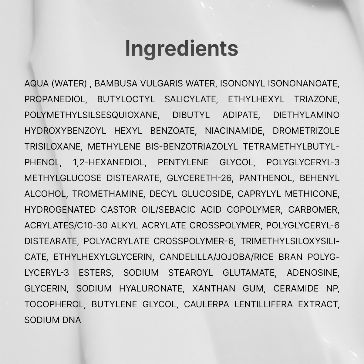 List of ingredients on a product label with a white background