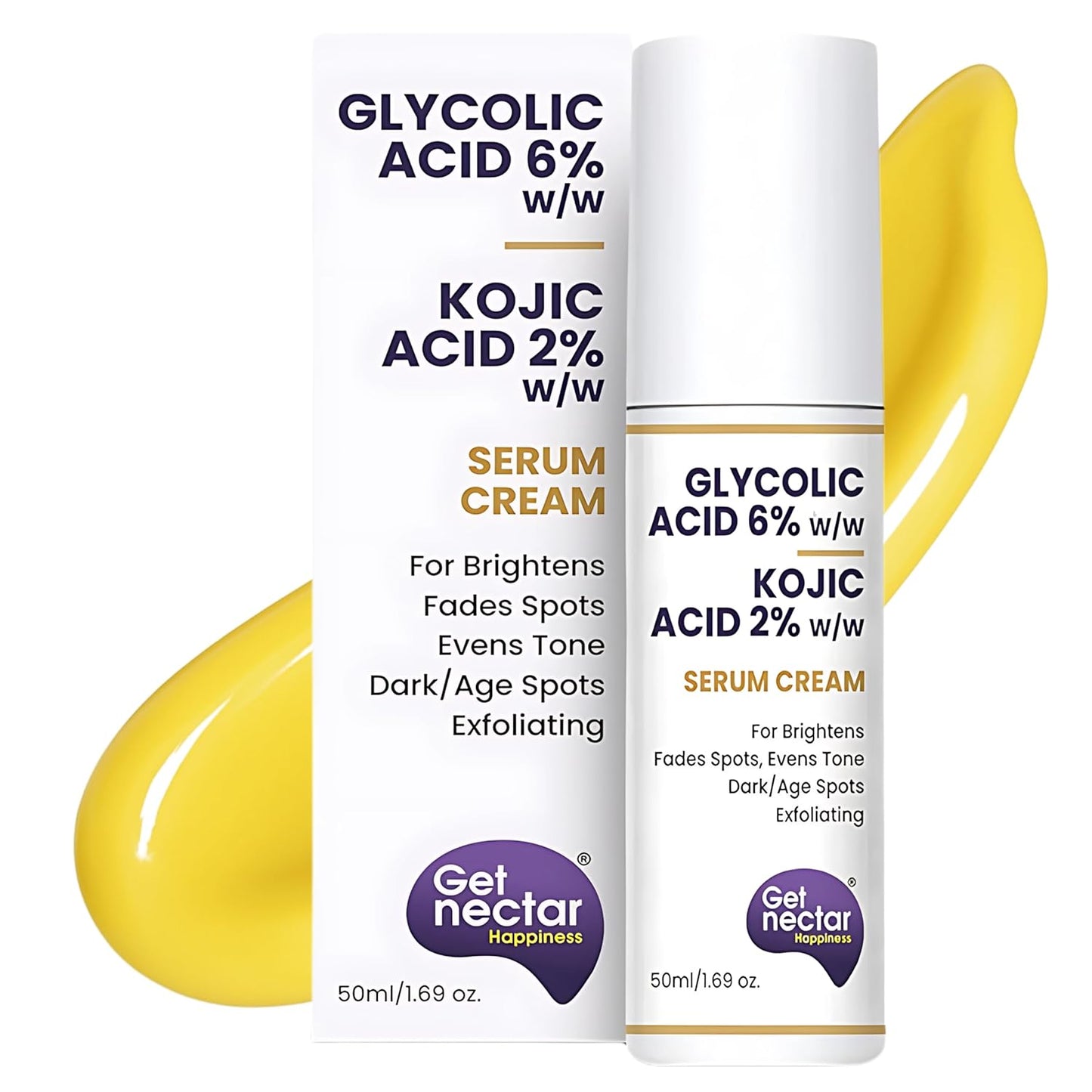 Get Nectar Happiness 6% Glycolic & 2% Kojic Acid Serum Cream Helps Reduce Pigmentation, Acne Scars, Dark, Age Spots, Blemishes & Uneven Skin Tone. Promotes a Brighter, Smoother-Looking Complexion 50ml