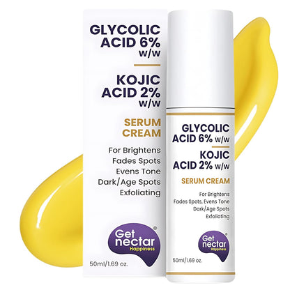 Get Nectar Happiness 6% Glycolic & 2% Kojic Acid Serum Cream Helps Reduce Pigmentation, Acne Scars, Dark, Age Spots, Blemishes & Uneven Skin Tone. Promotes a Brighter, Smoother-Looking Complexion 50ml