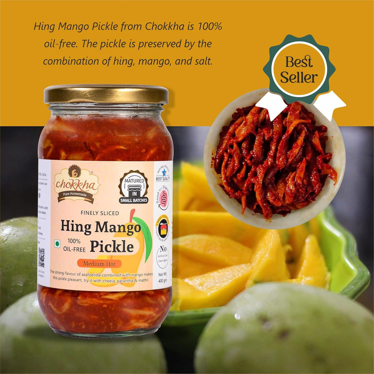Chokkha Traditional Homemade Hing Mango Pickle | Hing aam ka achar | Good for Digestion | 100% Oil-Free Pickle | Handcut | Sun Dried | No Artificial Colors | No Vinegar or Tatri | 400 Gm