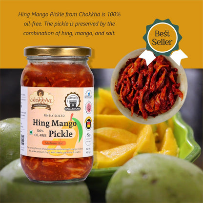 Chokkha Traditional Homemade Hing Mango Pickle | Hing aam ka achar | Good for Digestion | 100% Oil-Free Pickle | Handcut | Sun Dried | No Artificial Colors | No Vinegar or Tatri | 400 Gm