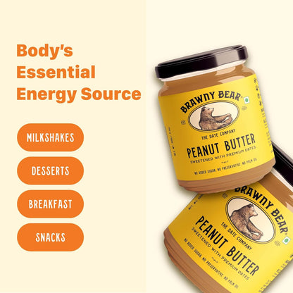 Brawny Bear Peanut Butter, 100% Natural Sweetened with Dates, Smooth Healthy Nut Butter with No Added Sugar and Preservatives, Low Gl, Vegan, High in Protein Spread - 500 gms