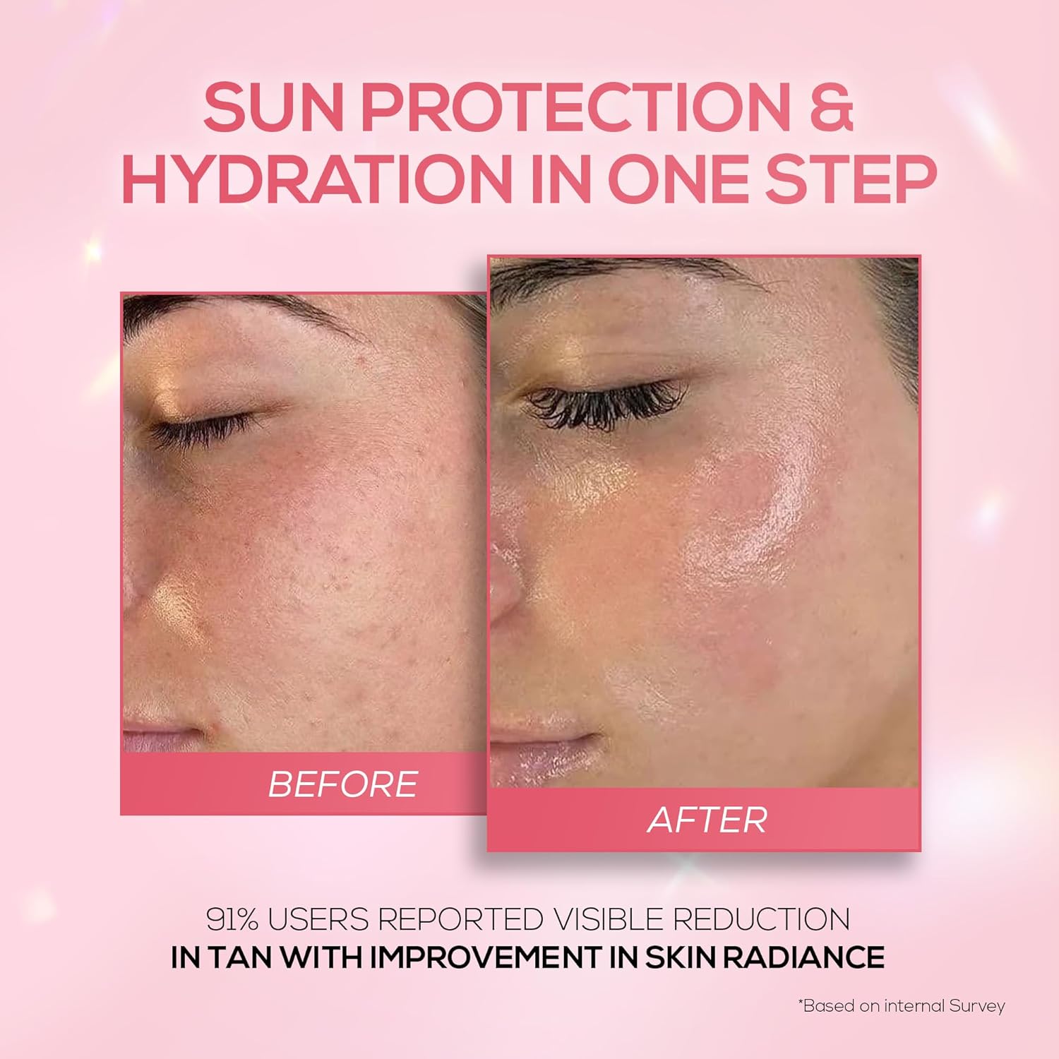 Before and after comparison of sun protection and hydration on skin with text on a pink background.