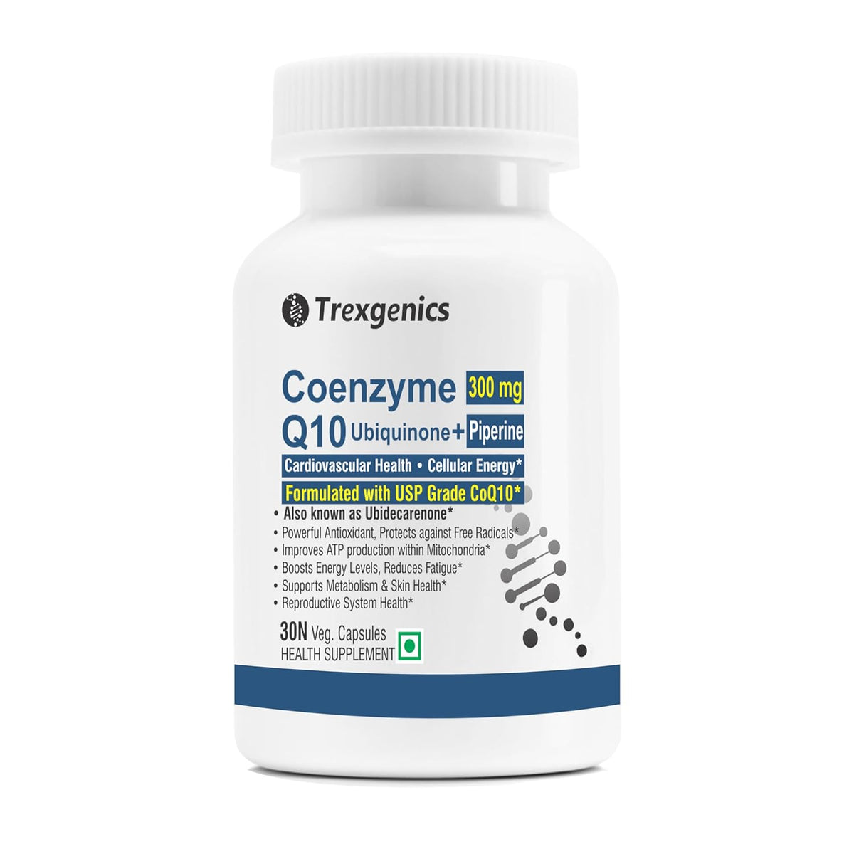 Trexegenics Coenzyme Q10 supplement bottle on a white background