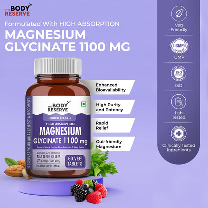 Bottle of Magnesium Glycinate 1100 mg supplement with branding and product details on a purple background