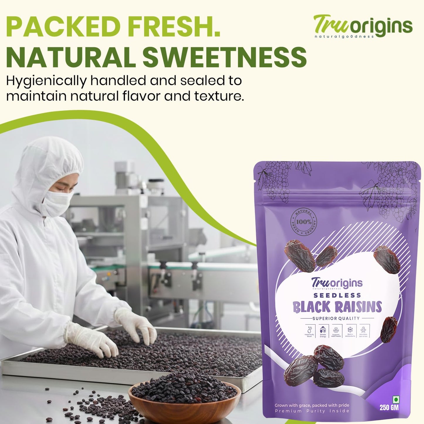 TruOrigins Seedless Black Raisins (Kishmish/Munakka) | 100% Natural & Sun Dried | Soft, Juicy & Handpicked | Premium Quality Raisins | Ethically Sourced | No Preservatives