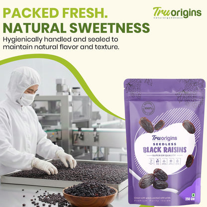 TruOrigins Seedless Black Raisins (Kishmish/Munakka) | 100% Natural & Sun Dried | Soft, Juicy & Handpicked | Premium Quality Raisins | Ethically Sourced | No Preservatives