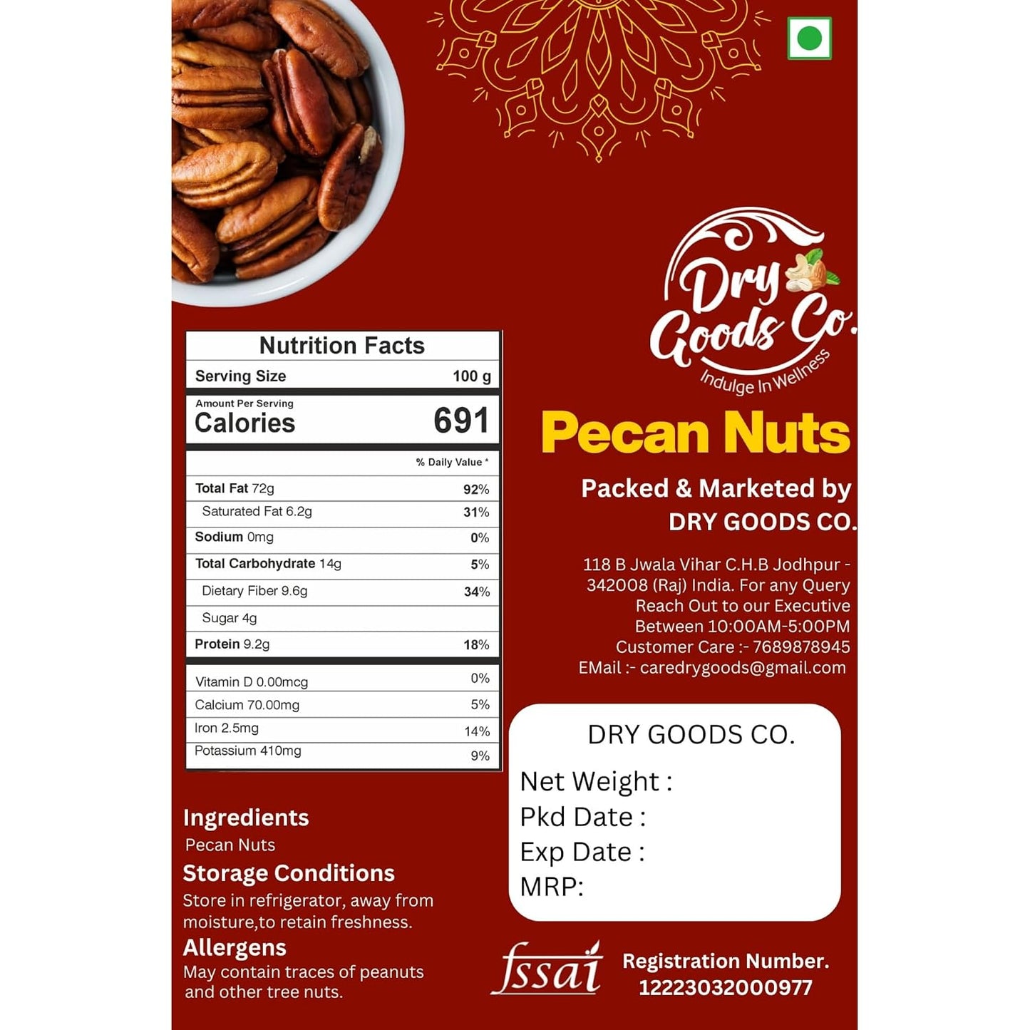 Dry Goods Co. Premium Pecan Nuts | Fresh Crunchy Pecans | Rich Buttery Taste | Healthy Dry Fruit Snack | High Fiber & Nutrient Rich | Ready to Eat Gourmet Nuts