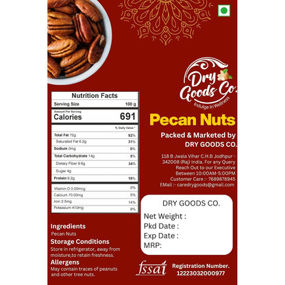 Dry Goods Co. Premium Pecan Nuts | Fresh Crunchy Pecans | Rich Buttery Taste | Healthy Dry Fruit Snack | High Fiber & Nutrient Rich | Ready to Eat Gourmet Nuts