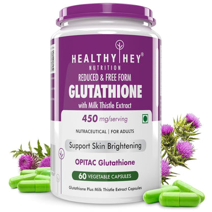 Glutathione supplement container with purple lid and green capsules on a white background