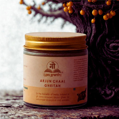 cow ved GauGranth Arjun Chal A2 Gir Cow Ghee – 100ml (Pack of 1) | Traditional Wooden Bilona Method | Ayurvedic Ghee with Arjun Bark for Blood Pressure Regulation & Heart Health | Grassfed Desi Cow Ghee | Glass Jar Packaging