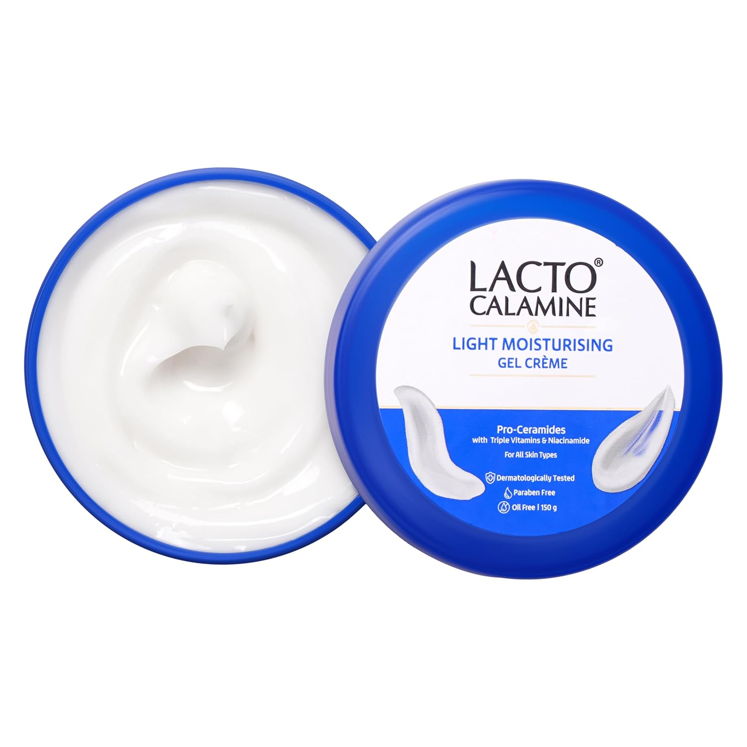 Lacto Calamine light moisturising gel crème with open container on a white background