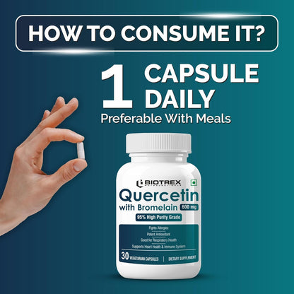 Biotrex Nutraceuticals Quercetin with Bromelain 600mg Better Respiratory Health | Antioxidant | Fights Allergies | Immunity & Cardiovascular Health - 30 Veg Capsules