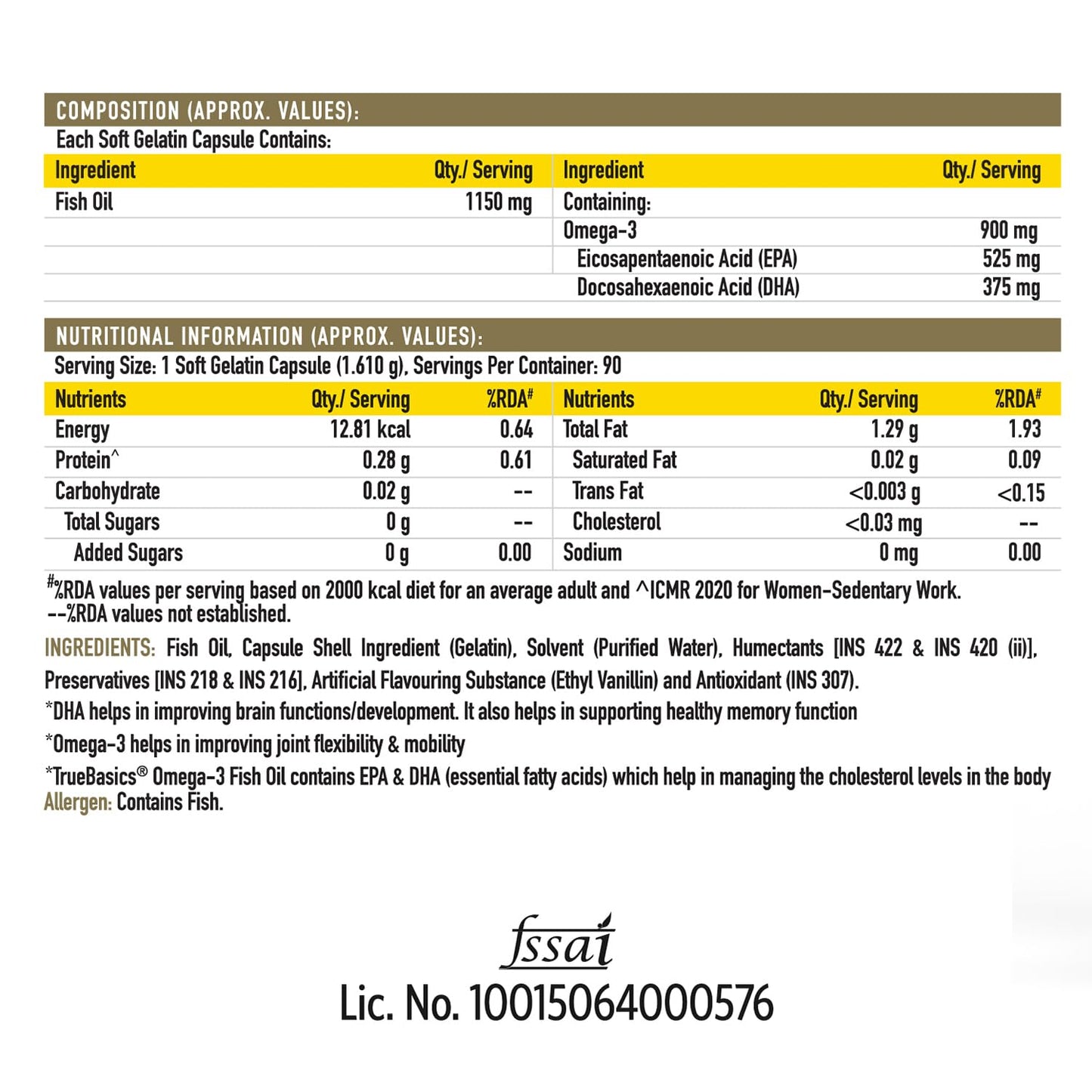 Nutritional label for a fish oil supplement with ingredient and nutritional information.