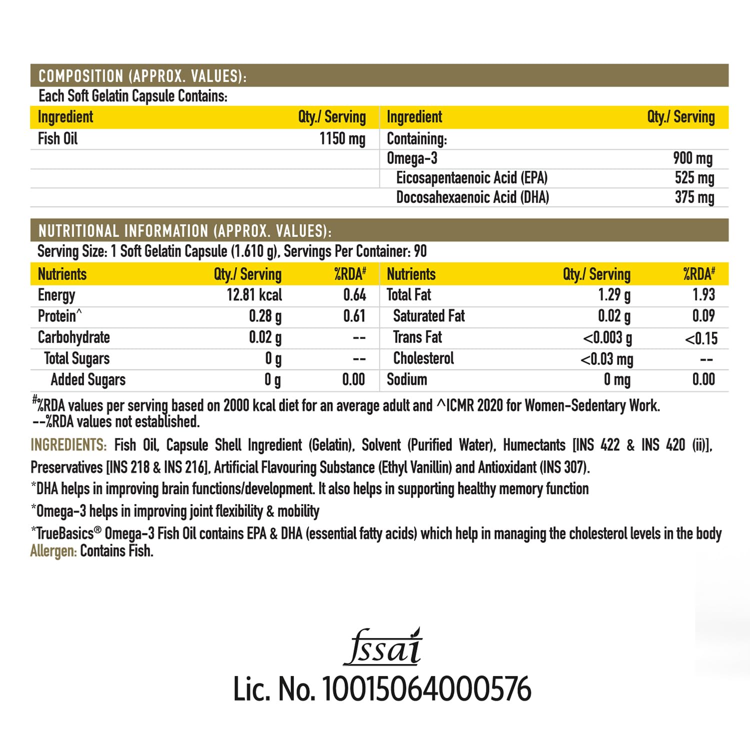 Nutritional label for a fish oil supplement with ingredient and nutritional information.