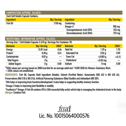 Nutritional label for a fish oil supplement with ingredient and nutritional information.
