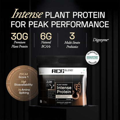 Ace Blend Intense 30g Plant Protein | Supports Muscle Growth & Recovery | Reduces Post-Workout Fatigue | 6g BCAA Amino Profile | Easy to Digest | For Men & Women | Chocolate Hazelnut 15 Servings, 675g