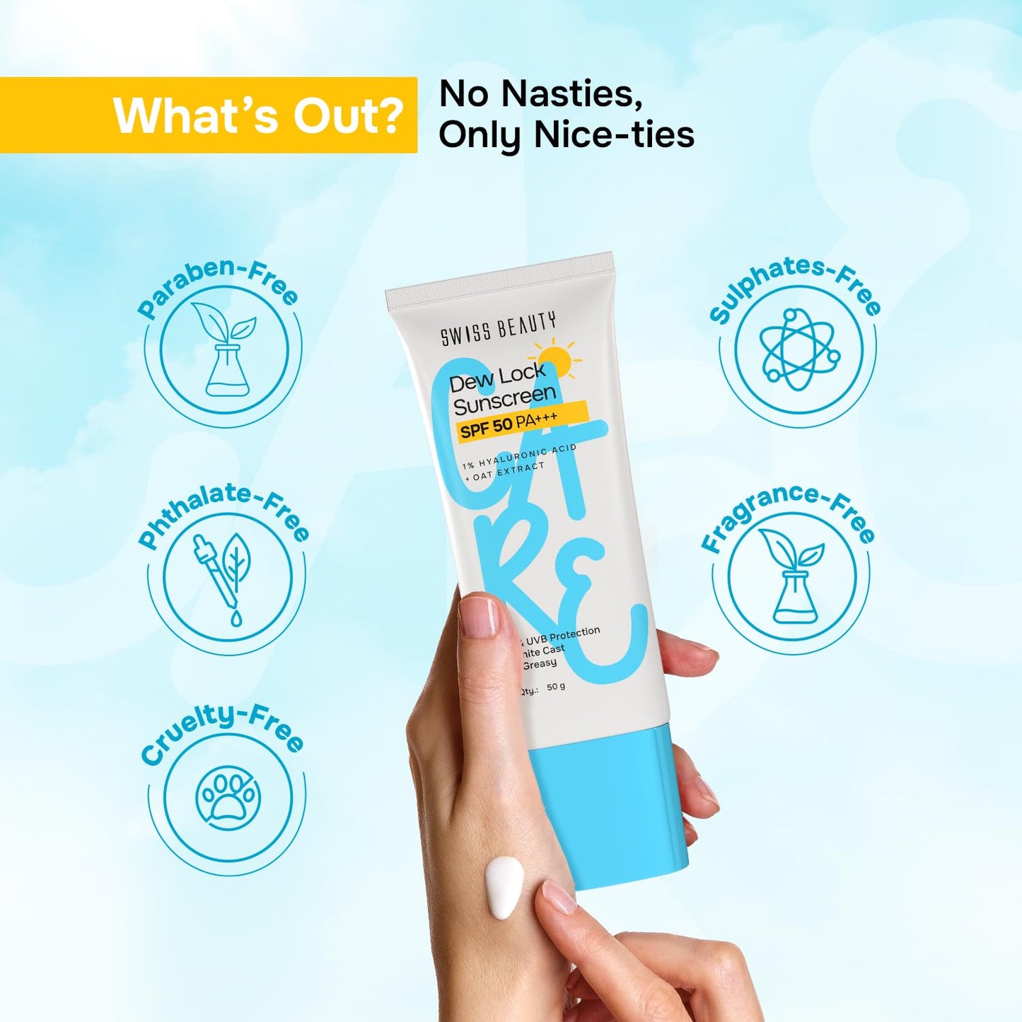 Swiss Beauty Care Dew Lock Sunscreen | SPF 50 PA+++ Broad-Spectrum Protection | No White Cast | With 1% Hyaluronic Acid | 50g