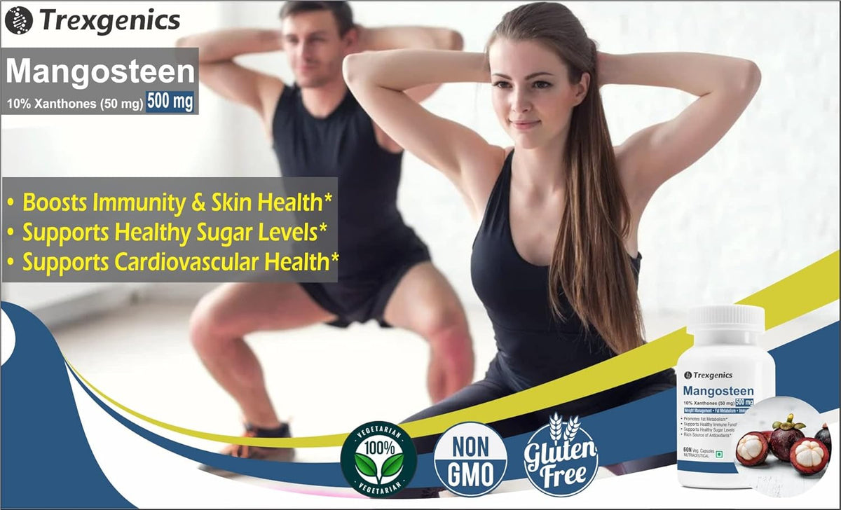 Advertisement for Trexegenics Mangosteen supplement with a man and woman exercising in the background.