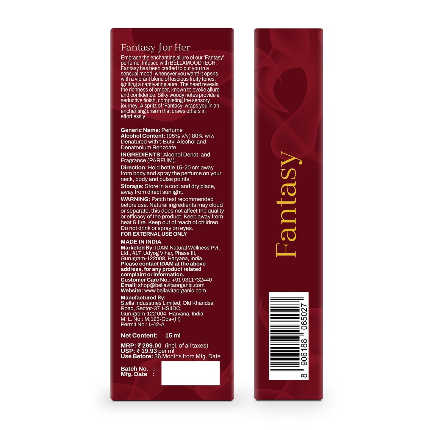 Red packaging of 'Fantasy for Her' perfume with text and a barcode on a white background
