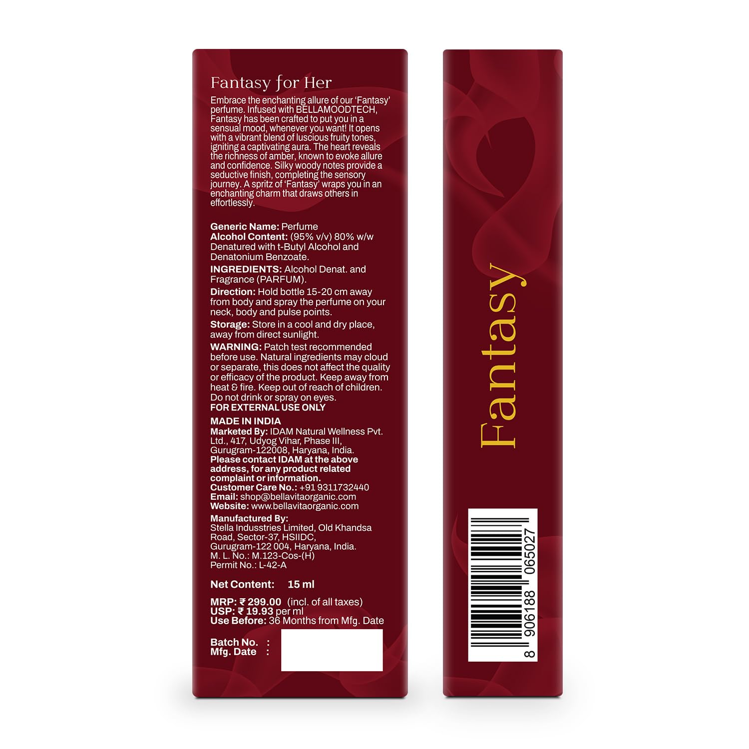 Red packaging of 'Fantasy for Her' perfume with text and a barcode on a white background