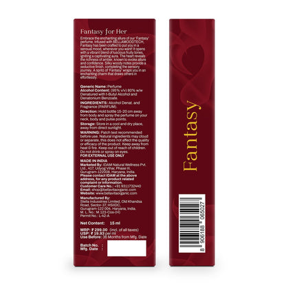 Red packaging of 'Fantasy for Her' perfume with text and a barcode on a white background