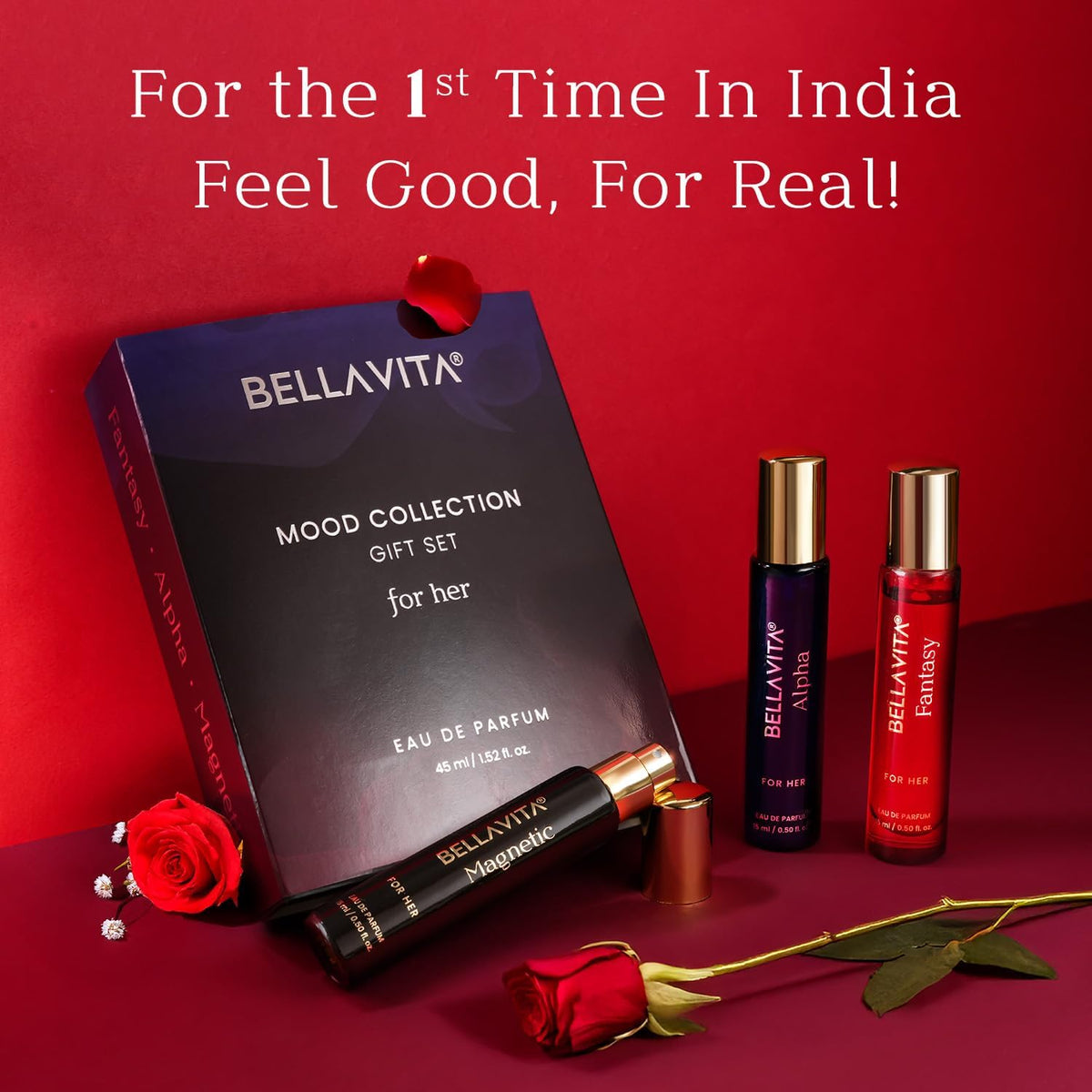 Bellavita mood collection gift set with three perfume bottles on a red background