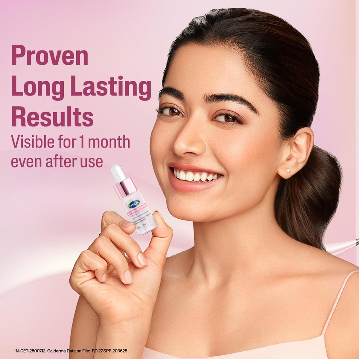 Woman holding a skincare product with text about long-lasting results on a pink background