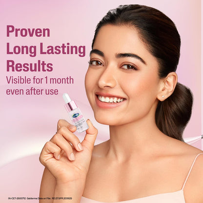 Woman holding a skincare product with text about long-lasting results on a pink background