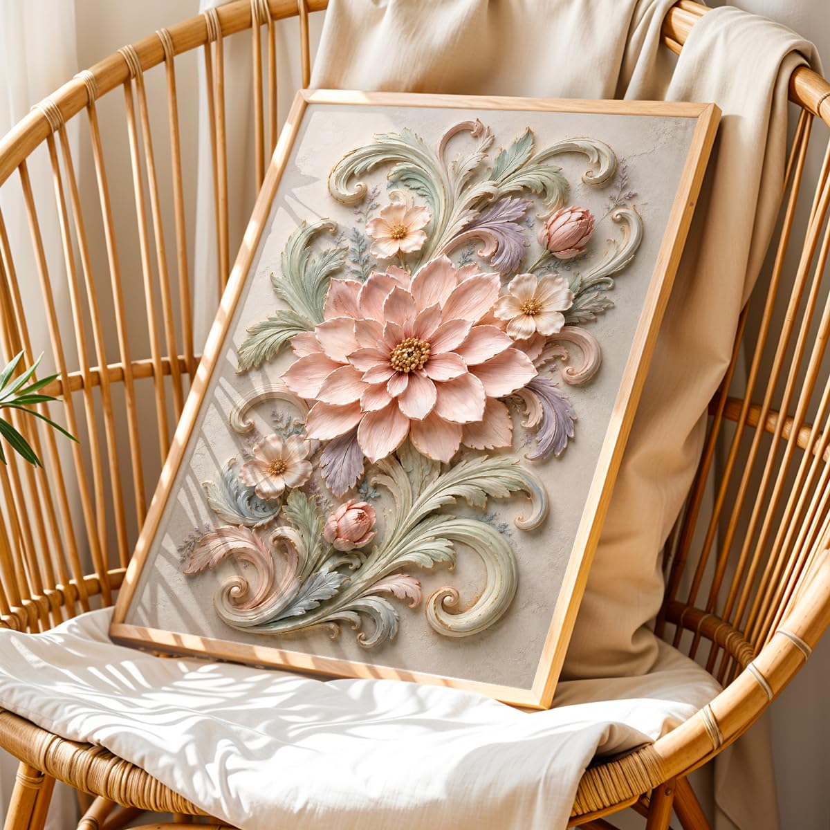 Floral Botanical Wall Painting with Frame, Premium Textured Flower and Leaf Artwork, Pastel Nature Wall Decor Framed for Living Room, Bedroom, Office and Home Decoration (Art-8,13x19inch)