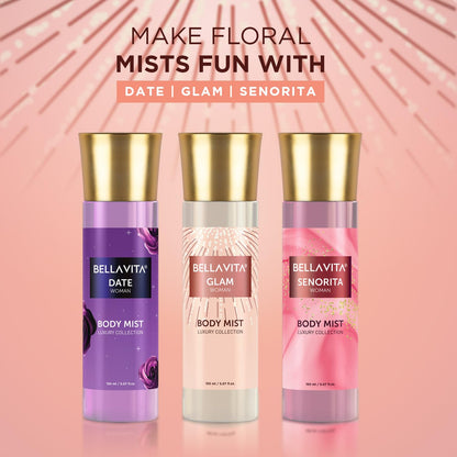 Three Bellavita body mist bottles on a pink background with text 'Make Floral Mists Fun With Date Glam Senorita'.