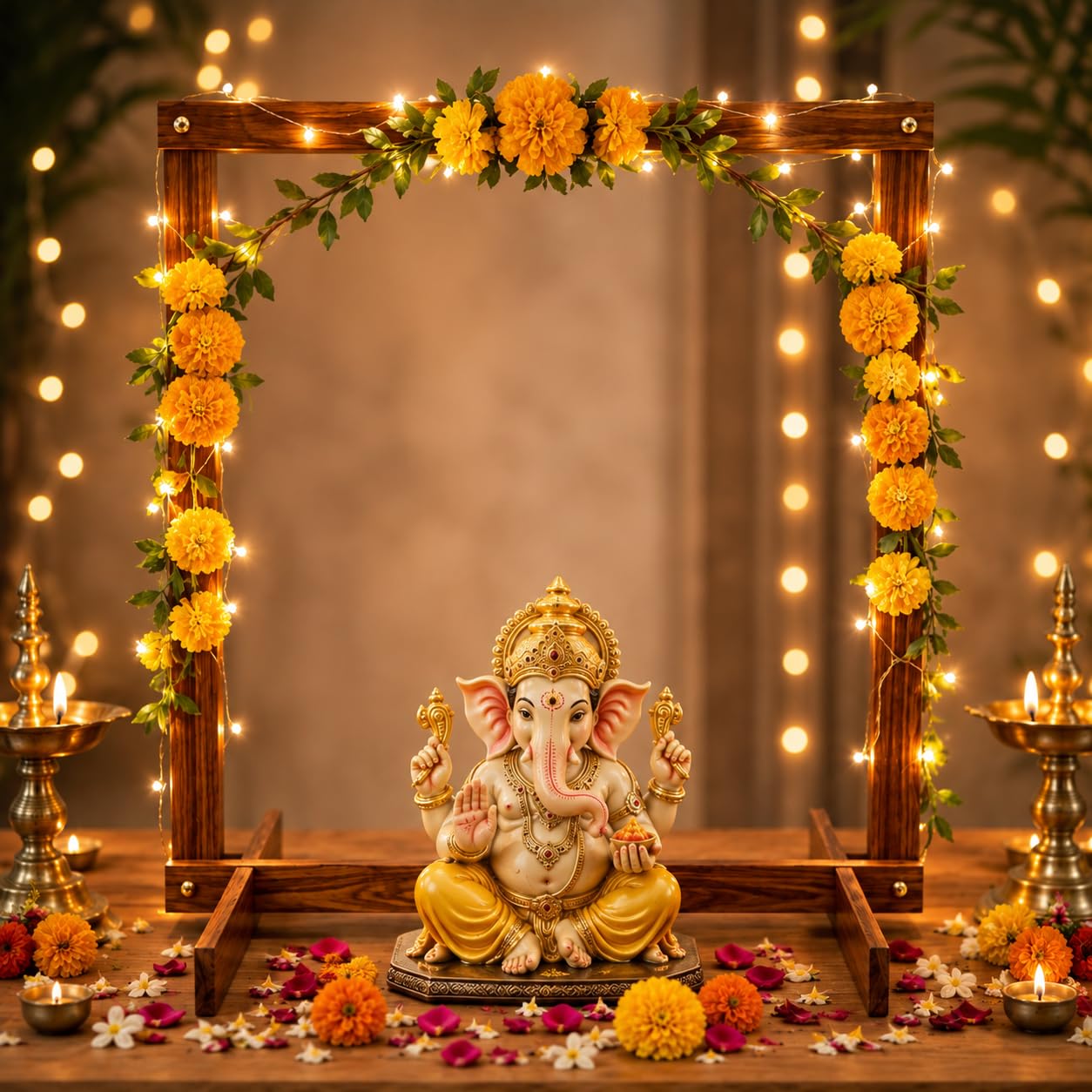 Foldable Wooden Mandap for Ganpati Decoration | Folding Ganpati Mandap for Home Pooja, Ganesh Chaturthi, Janmashtami, Navratri & All Festival Decoration | Wooden Backdrop Stand (Brown) (30 × 36 Inch)