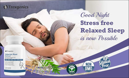 Advertisement for Trexegenics Valerian Root Extract showing a man sleeping and product packaging.