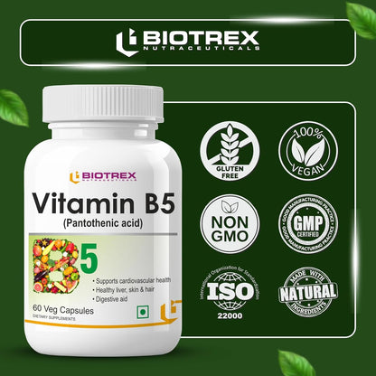 Biotrex Nutraceuticals Vitamin B5 (Pantothenic acid) Supplement | Daily 100% RDA | Energy & Metabolism | Nerve Health | Healthy Cholesterol Levels | Hair, Skin & Nails | Lab Tested | 60 Veg Capsules