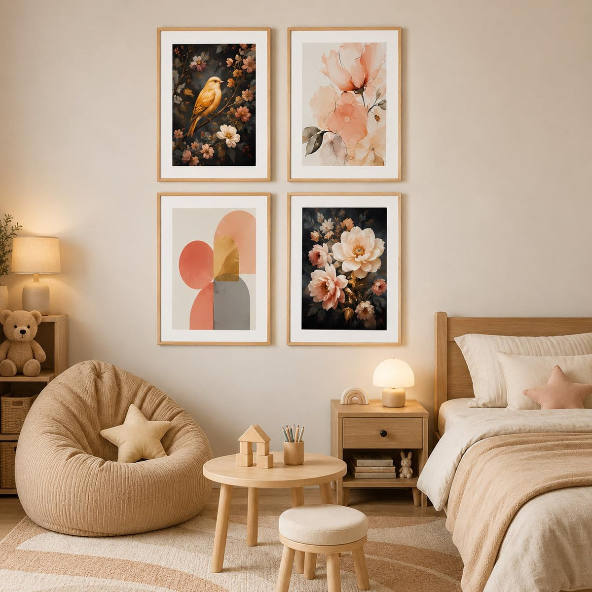 Set of 4 Floral Bird & Abstract Wall Paintings with Sparkle Laminate and Premium Wooden Synthetic Frame for Living Room Bedroom Office Decor (13.5 x 19.5 Inch)