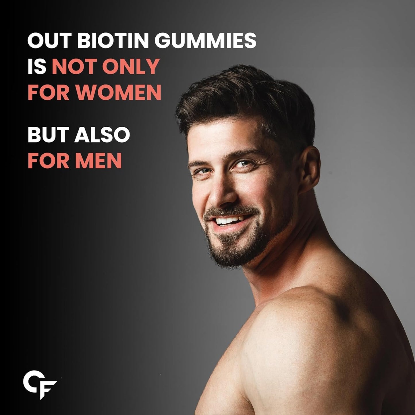 Man with a beard and no shirt on, promoting Out Biotin Gummies for men.