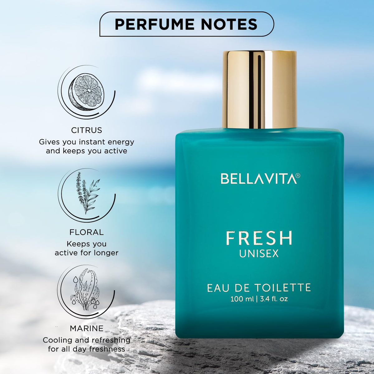 Bellavita Fresh Unisex Eau de Toilette bottle with perfume notes on a scenic background