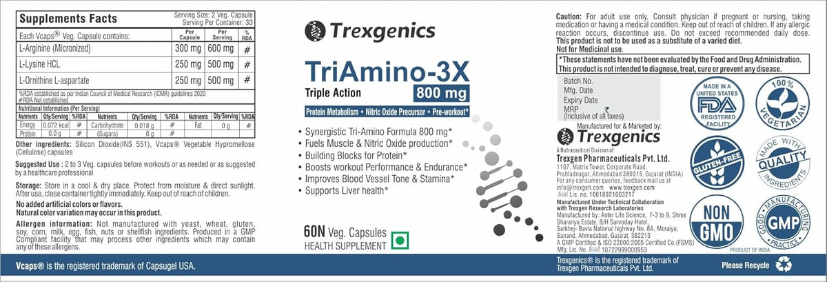 Trexogenics TriAmino-3X supplement label with product details and branding.