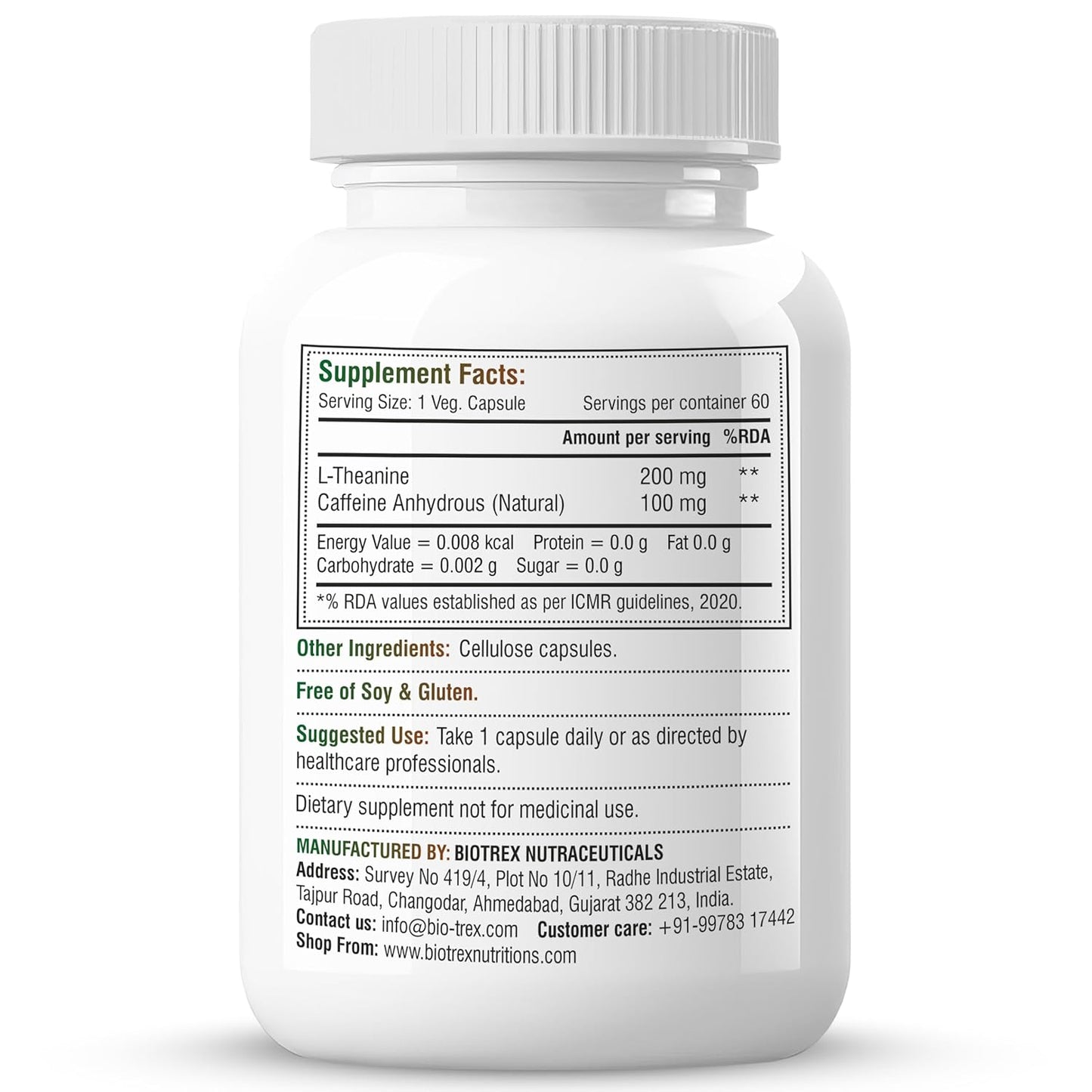 Biotrex Nutraceuticals L-Theanine 200mg Caffeine 100mg Supplement helps to improve Excercise Performance & supports Energy Management - 60 Veg Capsules